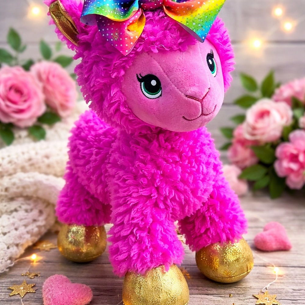Build-A-Bear Pink Llama Unicorn Plush Rainbow Bow Gold Hooves 16”
